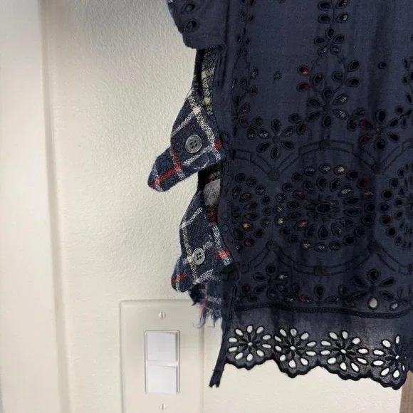 Sea New York‎ Navy Wool Plaid Peekaboo Shirt with Eyelet Back - Picture 11 of 13